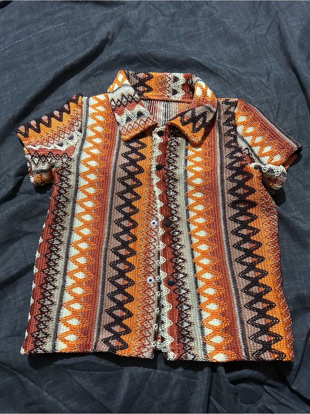 SHEIN Orange Brown Striped Knit Button-Up Shirt